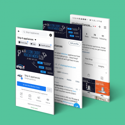 “Mockup of Ship It Appliances’ social media channels presented on three mobile screens, showing Facebook, Twitter (X), and Instagram accounts. Content includes a giveaway promotion, brand posts and community engagement activities, reflecting social media management, campaign design and multi-platform brand consistency.