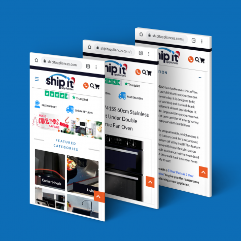 Mockup of the Ship It Appliances e-commerce website displayed across three mobile screens, showcasing the homepage, product listing and product detail pages. Design highlights include clear category navigation, Trustpilot reviews, and product-focused layouts aimed at improving user flow and shopping experience.